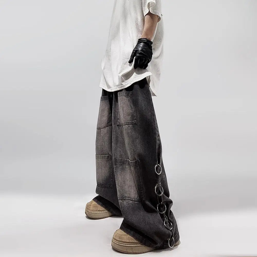 American Style Oversized Pocket Retro Baggy Jeans Men Y2k Hip Hop Punk Wide Leg Straight Overalls Black Denim Pants Streetwear