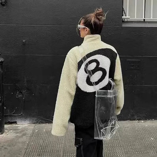 2023 Vintage Lamb Fur Coat Women Autumn Winter Oversized Warm Double Sided Lamb Fleece Outwear Black 8 Billiards Print Jacket