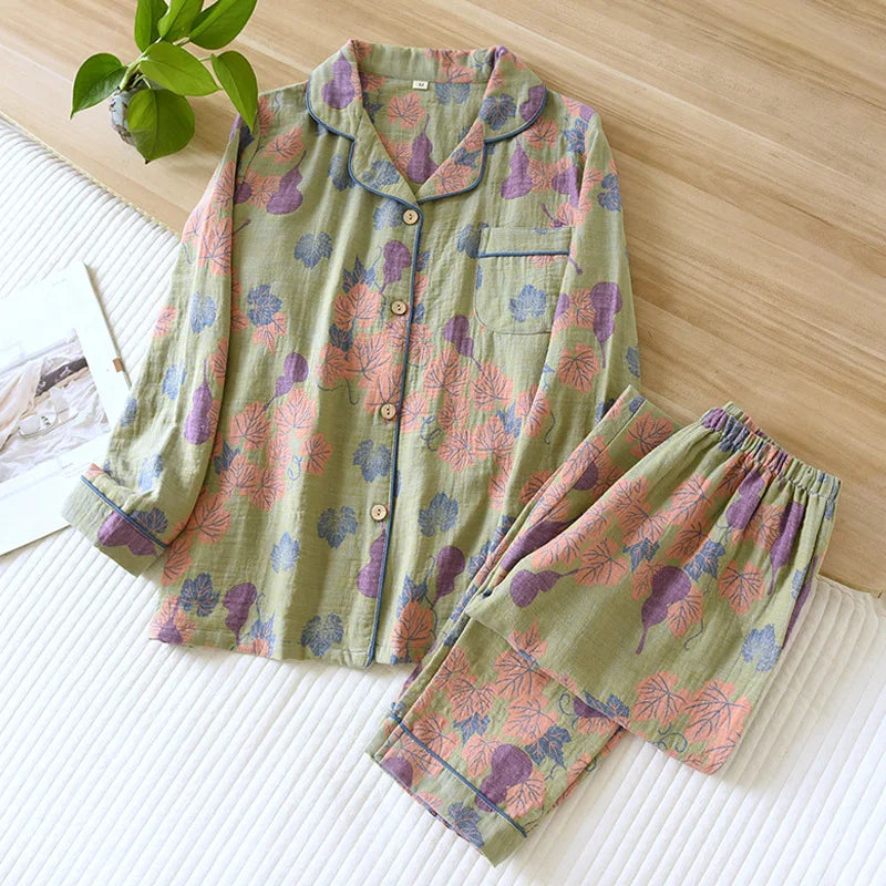 2023 Japanese Spring and Autumn New Women's Pajama Set 100% Cotton Vintage Long sleeved Pants Two Piece Set for Home Furnishings