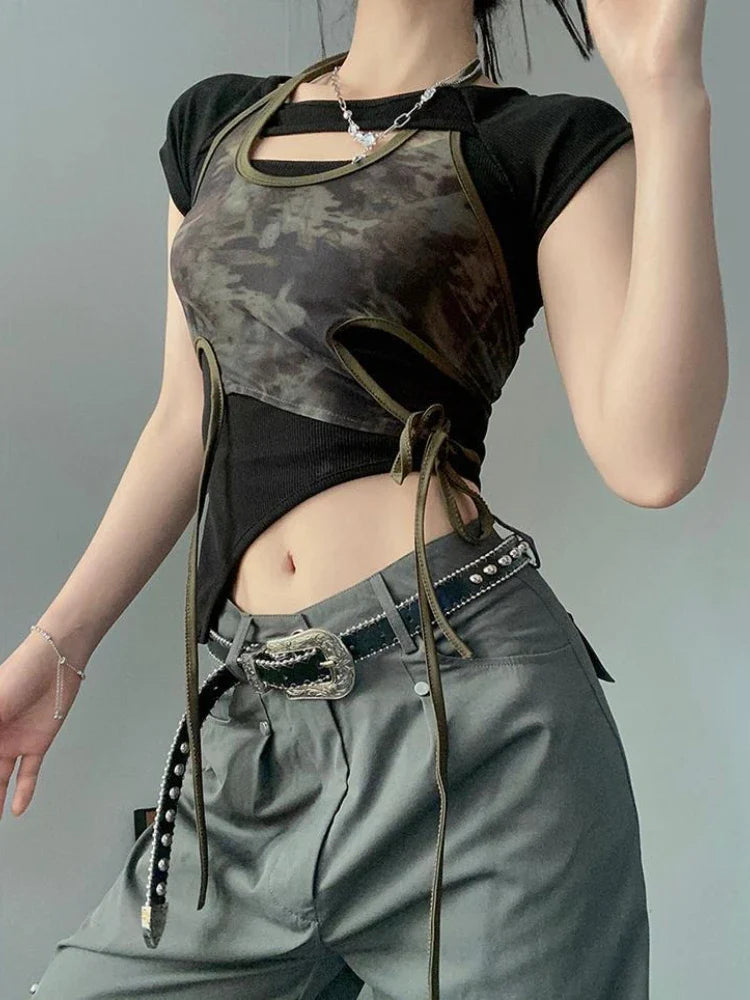 Vintage Camouflage Printed Mesh Halter Camisole Women+ Summer New Slim Fit Irregular Black T-shirts Y2k Grunge Two Piece Sets