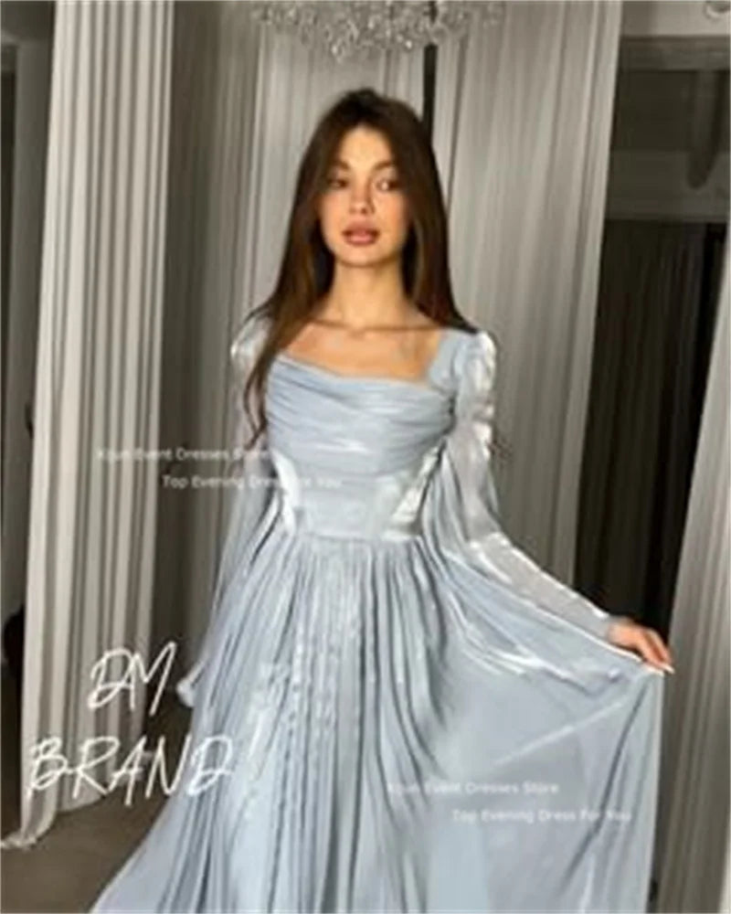 Blue A-Line Evening Dresses Long Sleeves Saudi Arabric Prom Dresses Square Collar Prom Gowns Pleats vestidos de novia 2023