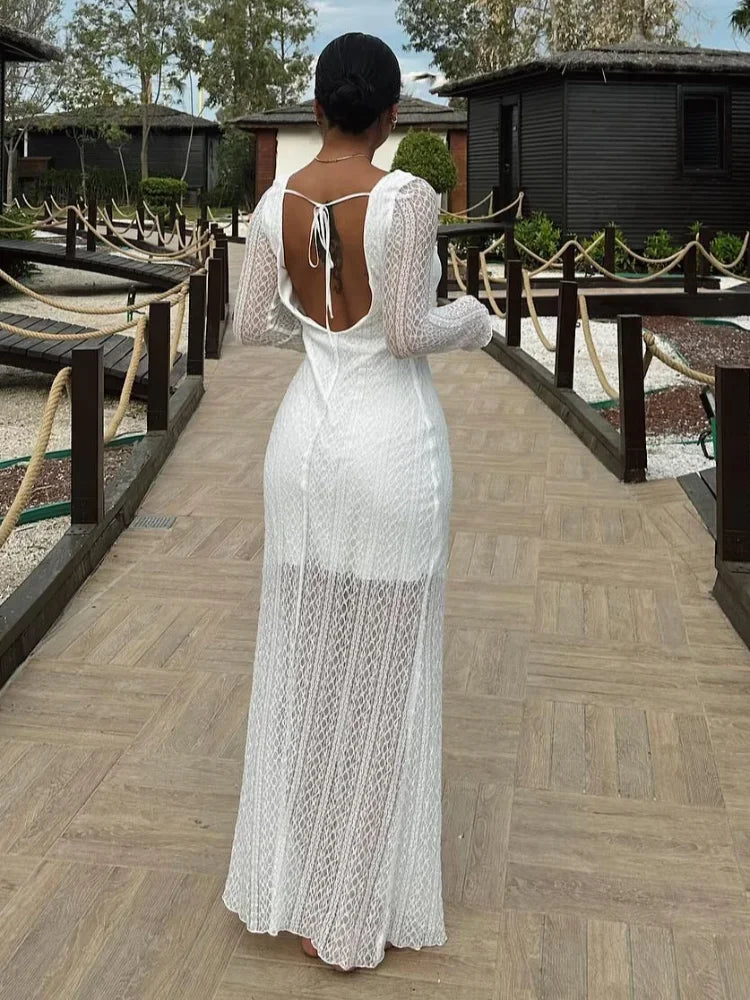 Summer Elegant White Perspective Sunscreen Dress Women Sexy Backless Lace Up Long Sleeve Dresses Chic Female Party Beach Robe