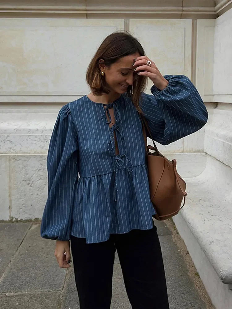 Striped Print Lace Up Ruffles Shirt Women Loose Round Neck Puff Sleeve Tops 2024 Spring Summer Fashion Female Street Blouse