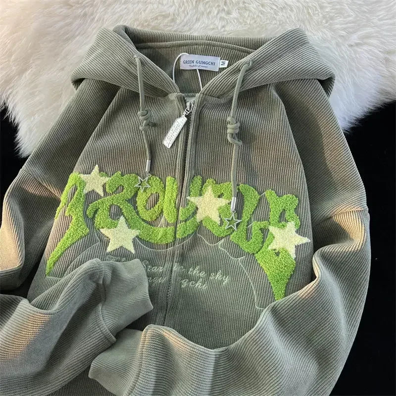 Women Letter Embroidered Hoodies 2023 Autumn Winter Vintage Zip Up Loose Sweatshirts Harajuku Long Sleeve Hooded Jacket Clothes