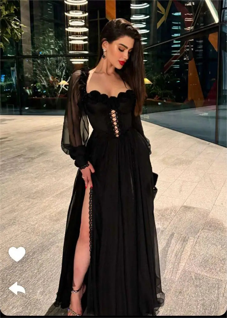 Gorgeous Prom Dress Square Perspective Long Sleeves  Thigh-High Slit Dress Chiffon Evening Dresses Woman