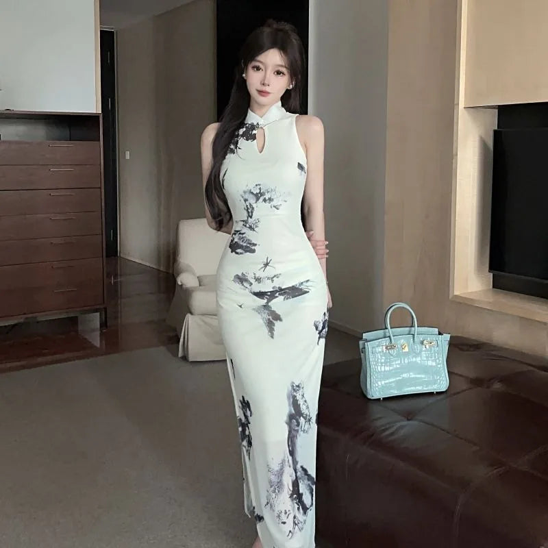 Gege Socialite Elegant Sexy Chinese Sle Stand Collar Hollow out Long dress High Slit Improved Cheongsam Dress