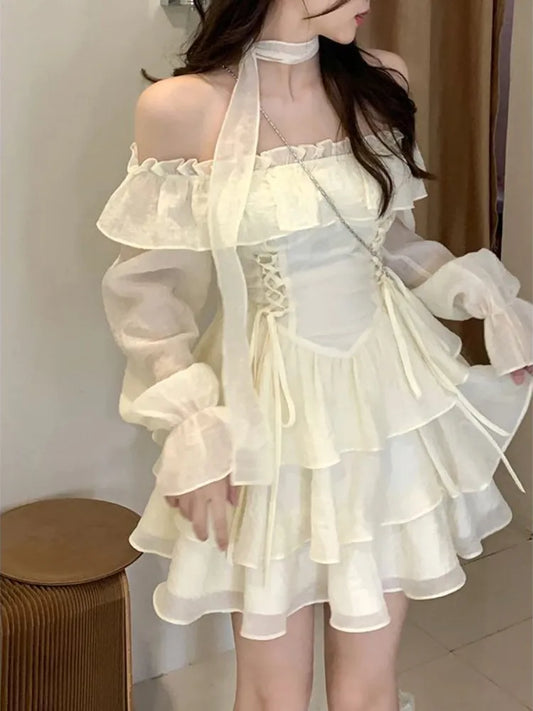 Long Sleeve Elegant Mini Dress Lolita Pure Color Short Party Dress Woman Casual 2023 Spring Sweet One Piece Dress Korean Fashion