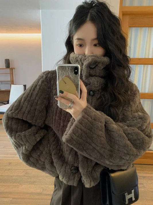 Deeptown Vintage Faux Fur Cropped Jackets Women Korean Style Fleece Fluffy Short Coats Elegant Thick Warm Outwear Autumn Winter