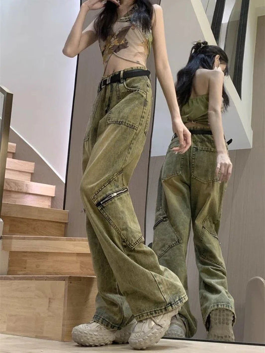 Autumn And Winter New Japanese Overalls Jeans Men And Women American Retro High Street Micro-la Washed Wide-leg Straight Pants