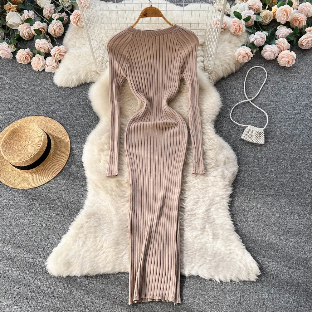 Winter Women Knit Maxi Dress O Neck Autumn Long Sleeve Slim Solid Harajuku Ladies Fashion Pencil Sweater Long Dresses