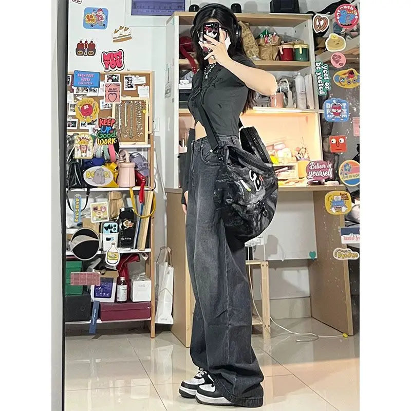 Y2k Straight Denim Trousers Jeans Women Vintage 90S High Waist Loose Wide Leg Casual Long Pants Clothing Female Streetwear