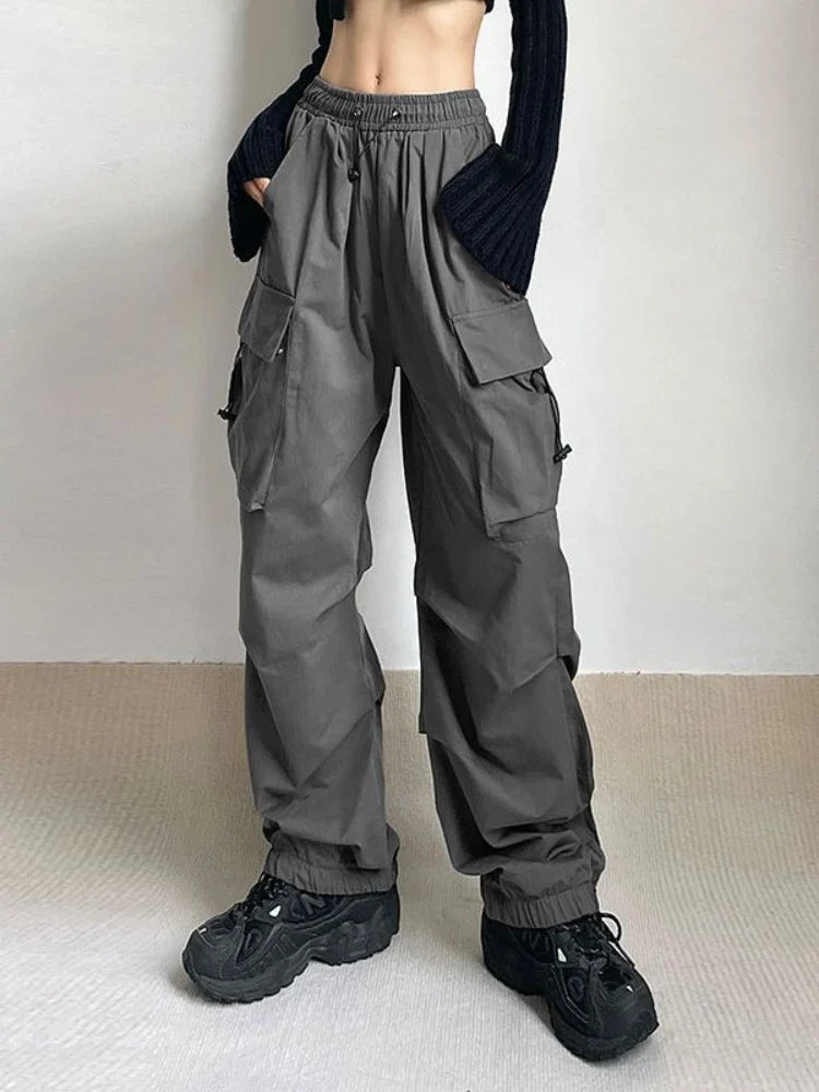 HOUZHOU Harajuku Oversized Cargo Parachute Pants Women Streetwear Vintage Y2k Hip Hop Wide Leg Joggers Baggy Sweatpants Techwear