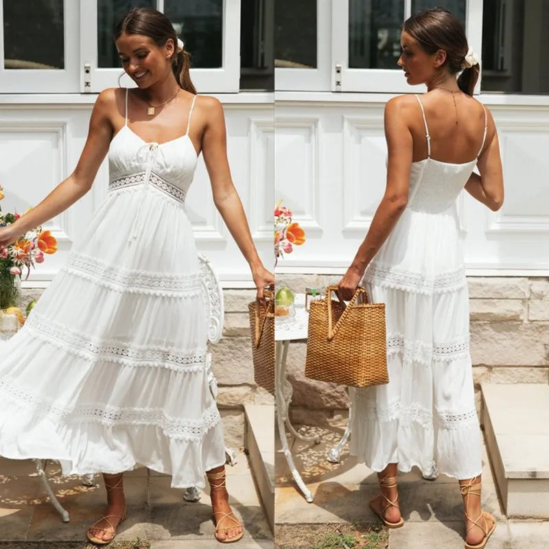 Picsgirl Lace Patchwork White Long Dress 2024 New V-neck Sleeveless Backless A-line Maxi Dresses Summer Vacation Bohemian Suspender Dress