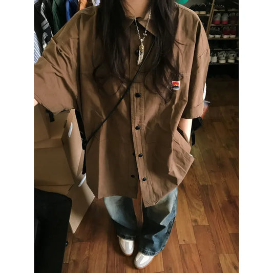 HOUZHOU Vintage Short Sleeve Shirt Streetwear Women Oversize Button Up Korean Fashion Chic Cool Blouse Aesthetic Hippie Japanese