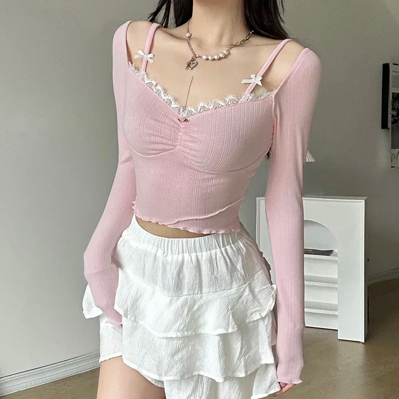 warmmeta-Sweet Lace Stitching V-neck Skinny Top Pink Coquette Aesthetic Slim-fit Long Sleeve Knitted T-shirts Cute Casual Tees