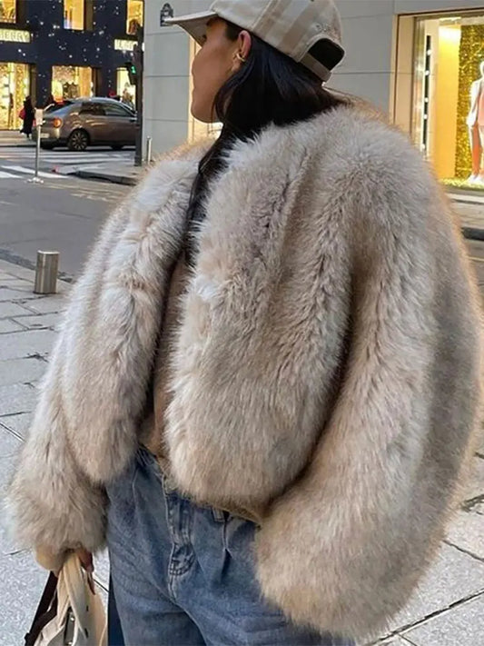 warmmeta Crew Neck Crop Faux Fur Women Outwear Fluffy Long Sleeve Warm Fashion Female Coat Autumn Winter Soft Streetwear Lady Tops