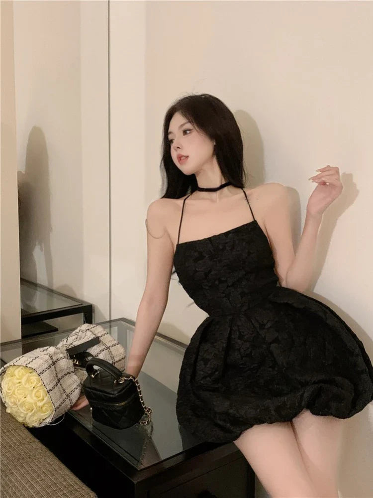 WARMMETA Woman Dress Spaghetti Strap Backless Slash Neck Black Flowers Sexy Ladies Mini Dresses Summer Party Fashion