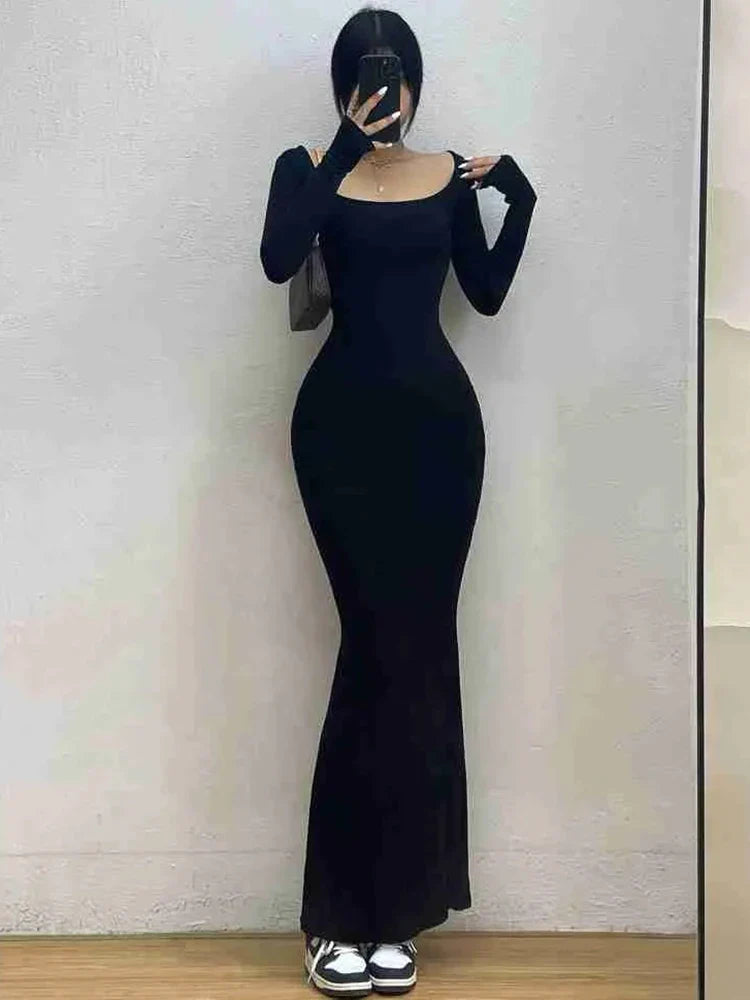 Ribbed Solid Long Sleeve Square Neck Skinny Maxi Dress Fall Sexy Evening Party Elegant Vestido Kleider Robe Ladies Long Dresses