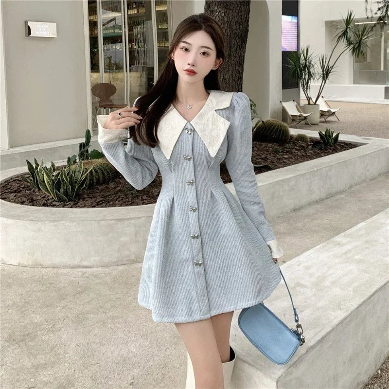 Deeptown Korean Style Blue Mini One Piece Dress Women Japanese Y2k Harajuku Long Flare Sleeve Corset Princess Dresses Winter