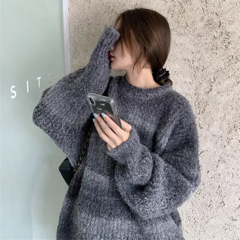 Retro Japanese thick sweater loose lazy female outer wear tie-dye gradient color winter new women knitted sweater sweater