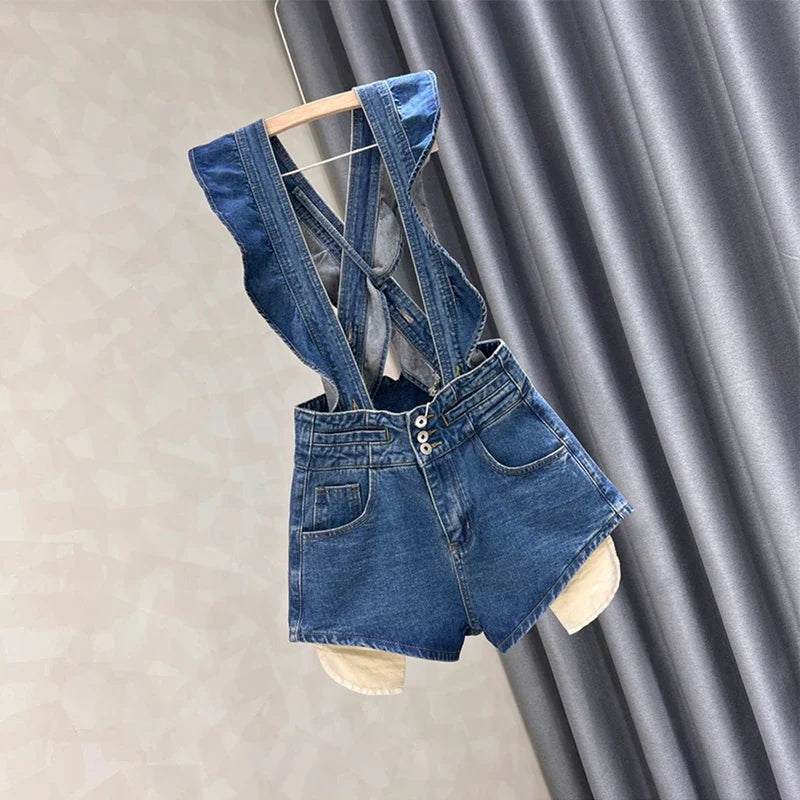 warmmeta-Large Size Denim Strap Shorts Women's Summer High Waisted A-line Jumpsuit Pants Sweet Ruffled Edge Short Jeans Size S-5XL