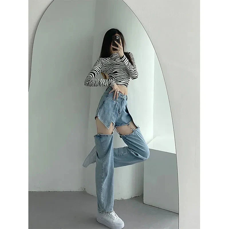 Women Jeans Hole Ripped High Waist Denim Harajuku Wide Leg Loose Ins Chic BF Vintage Casual Female Pants Baggy Trousers