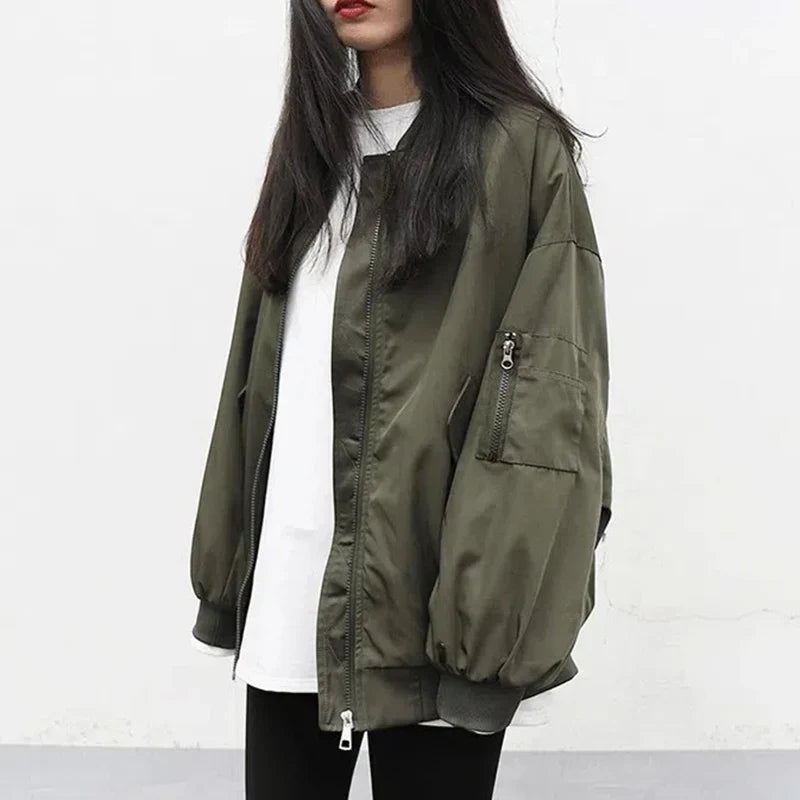 Y2K Autumn Oversized Solid Bomber Jacket Women Bf Harajuku Long Sleeve Stand Collar Zipper Coats Fashion Loose Casual Outerwear