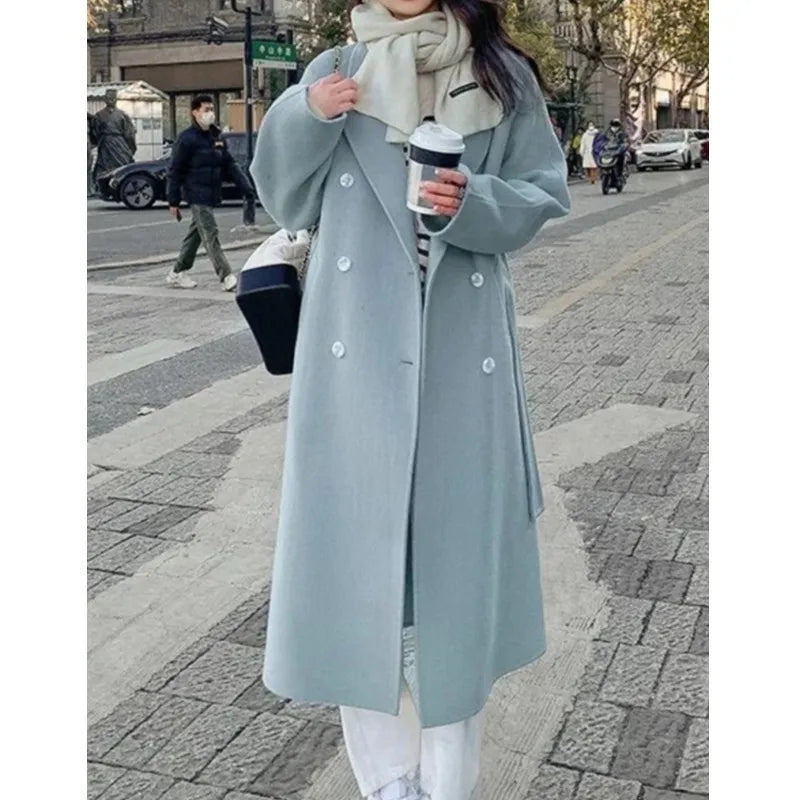 Korean Fashion Women Casual Loose Woolen Coat Elegant and Chic Solid Outerwear Long Overcoat with Belted Female Warm Cloak