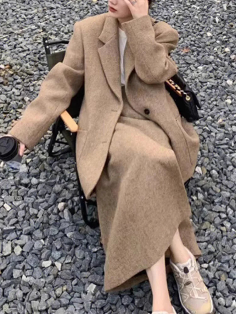 Elegant Chic Women Solid Woolen Blazer Skirts Suit Casual Loose Vintage Jackets Midi Skirt Two Pieces Set Female Fashion Clothes