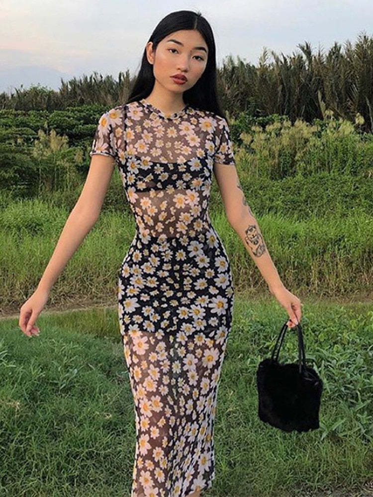 warmmeta Short Sleeve Daisies Print Mesh See-Through Sexy Maxi Dress Summer Women Fashion Streetwear Outfit Sundress