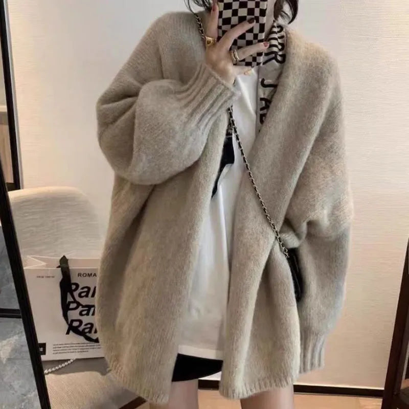 Autumn Winter Thicken Warm Sweater Cardigan Women Japan Style Lazy Wind Soft Knit Cardigans Female Gray Khaki Loose Knitted Coat