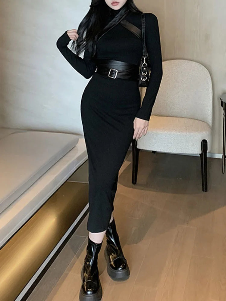 Picsgirl  Black Maxi Dress Women Sexy Punk Style Split Bandage Bodycon Dress Female Autumn Long Sleeve Turtleneck Party Club Long Dresses