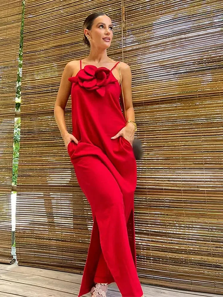 Elegant 3d Flower Red Sling Maxi Dress For Women Fashion Backless Sleeveless Split Dresses Lady 2024 Spring Party Club Vestidos