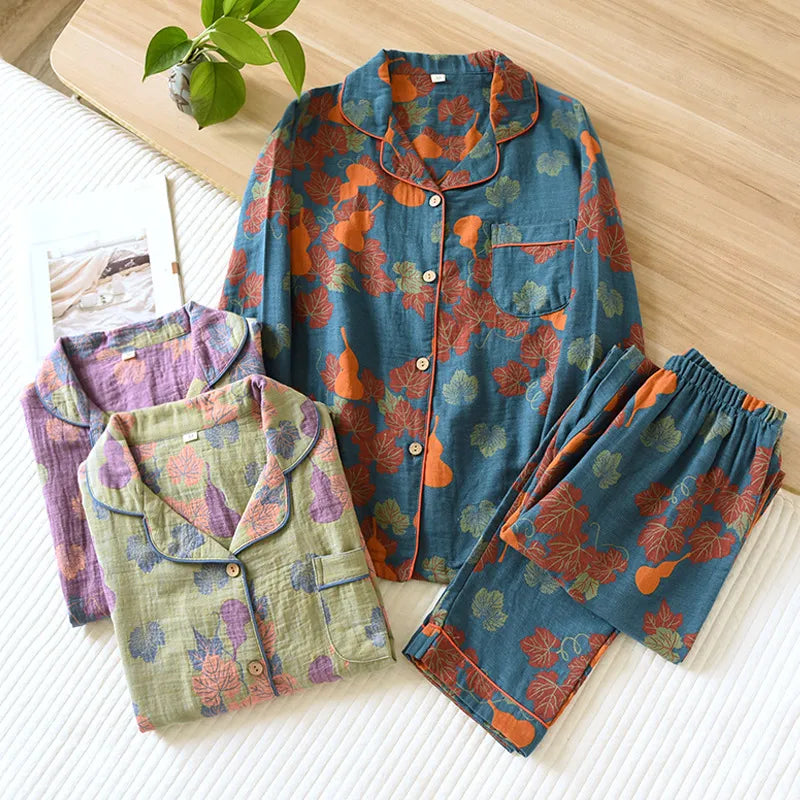 2023 Japanese Spring and Autumn New Women's Pajama Set 100% Cotton Vintage Long sleeved Pants Two Piece Set for Home Furnishings