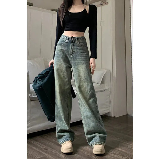 warmmeta 2 Vintage 90S Baggy Straight Denim Trousers Female Y2K High Waist Loose Wide Leg Jeans Women Streetwear All-Match Casual Pants New