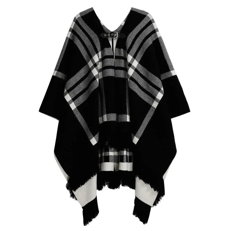 Black Mid-length Plaid Coat Women Autumn And Winter Loose And Versatile Cape Elegant Shawl Casual Coat Korean Women Clothing