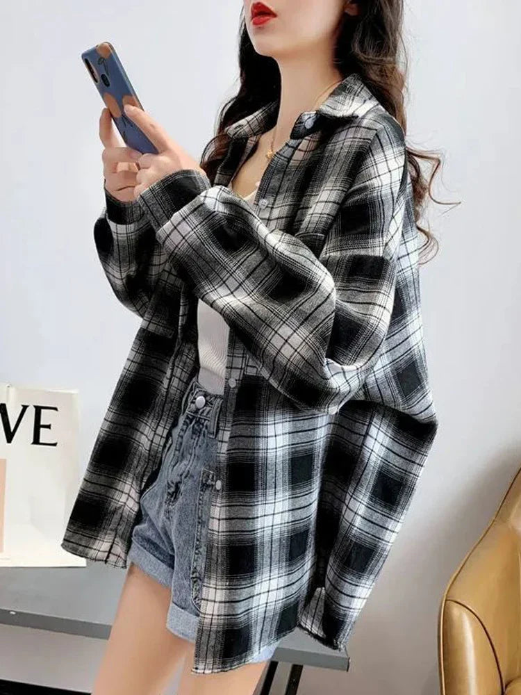 warmmeta Plaid Shirt Women Autumn Long Sleeve Top Female Vintage Fashion Single Breasted Blouse Ladies Preppy Style Loose Check Shirts