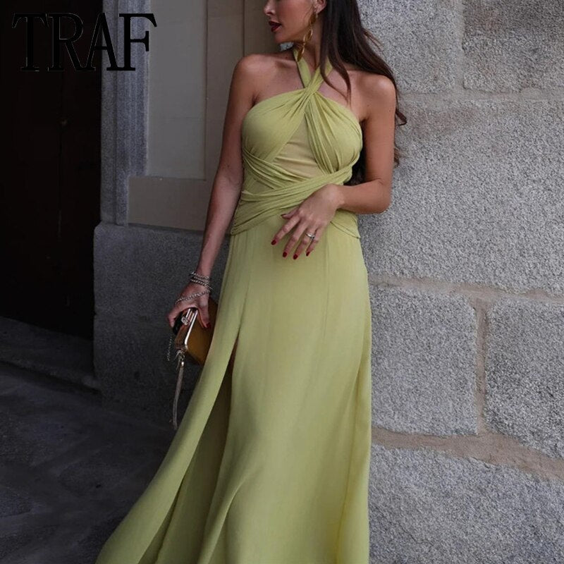 WARMMETA Halter Long Dress Women Summer Backless Dress Woman Off Shoulder Elegant Party Dresses For Women 2023 Sexy Evening Dresses