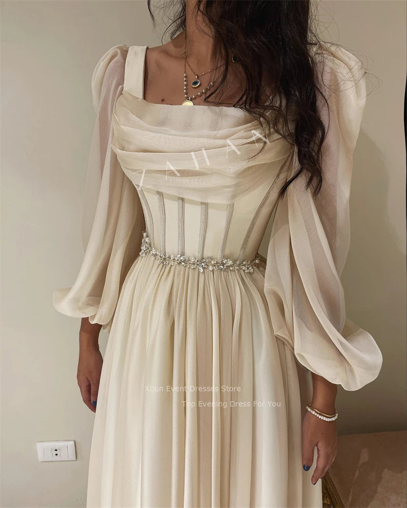 Chiffon Long Sleeves Prom Dresses Pleats Crystal Beaded Prom Gowns Formal Party Elegant Gowns Dubai Evening Dress Women