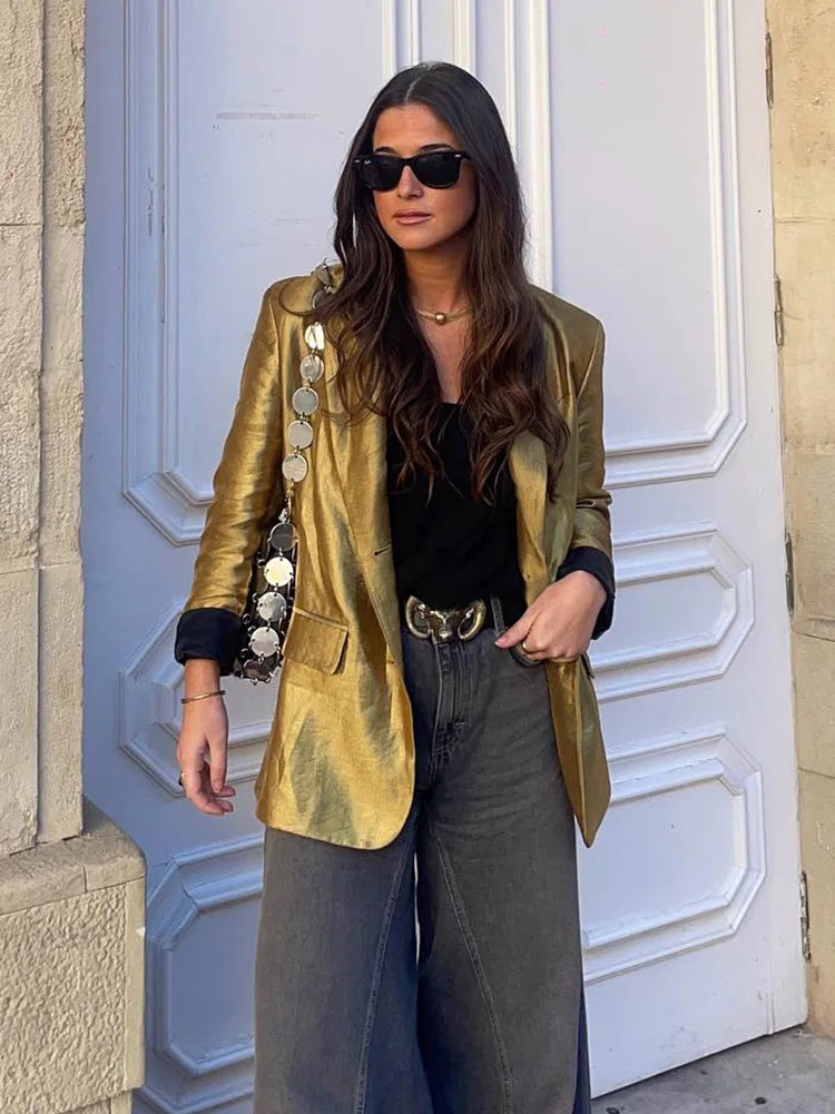 PICSGIRL -  2024 Spring Fashion Gold Blazer for Woman Casual V Neck Lapel Long Sleeve Jacket Button Up Pockets Women's Chic Blazer