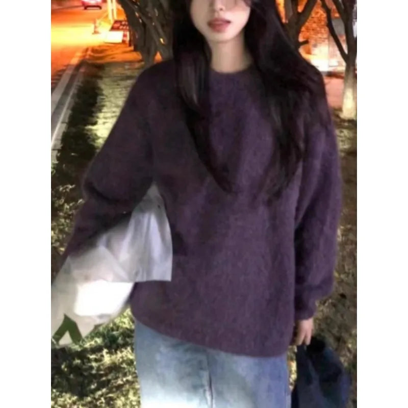 Winter Casual Purple Knitting Long Sleeve Solid Color Pullovers Korean Fashion Women Chic Loose Coquette Warm Sweater