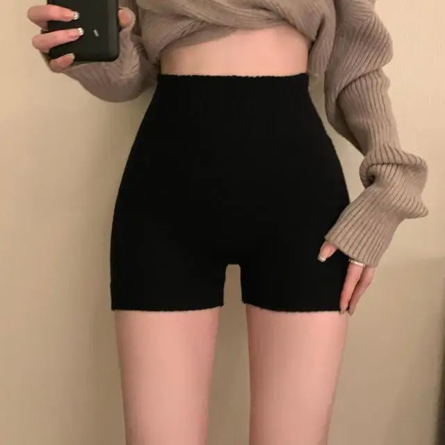 High Waist Shorts Women's Winter Knit Warm Belly Seamless Bottom Tight Soft High Stretch Solid Color Safety Pants Shorts