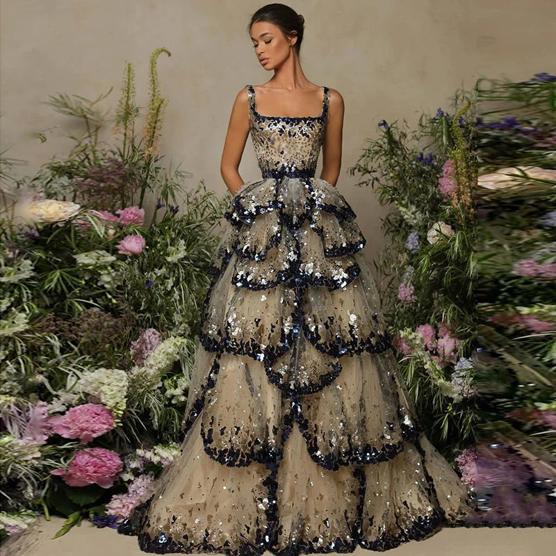 Gorgeous Prom Dress  Luxury Dubai Evening Dresses 2024 Sparkly Sequin Tiered Ruffles Elegant Women Wedding Party Formal Gowns SS243