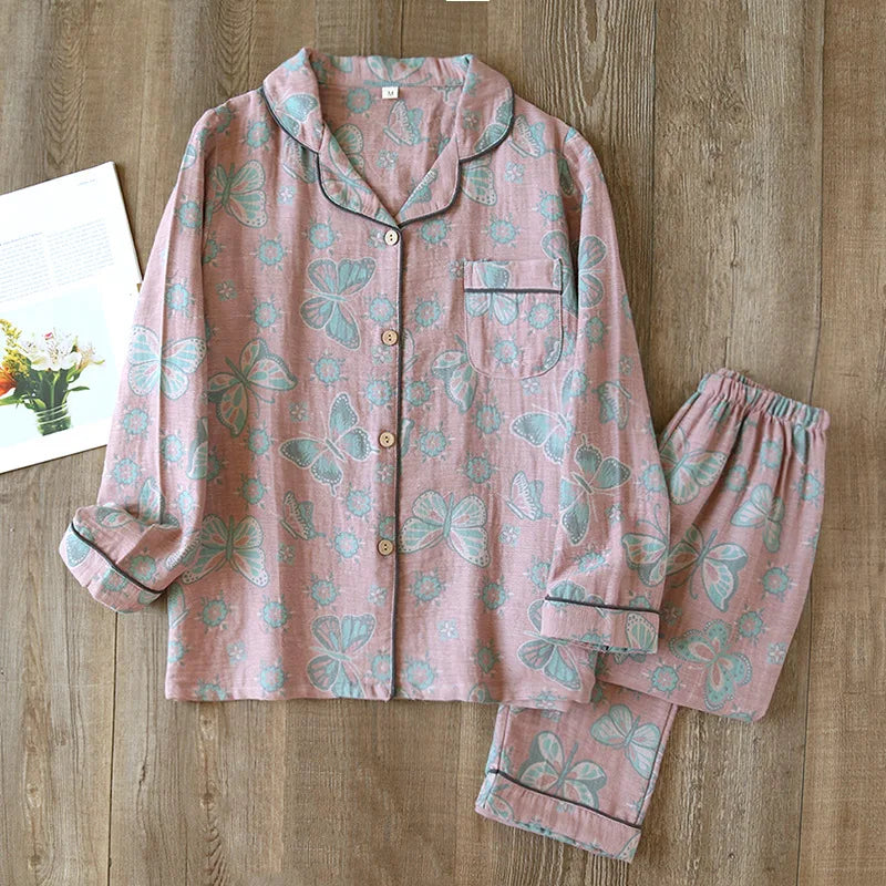 2023 Japanese Spring and Autumn New Women's Pajama Set 100% Cotton Vintage Long sleeved Pants Two Piece Set for Home Furnishings