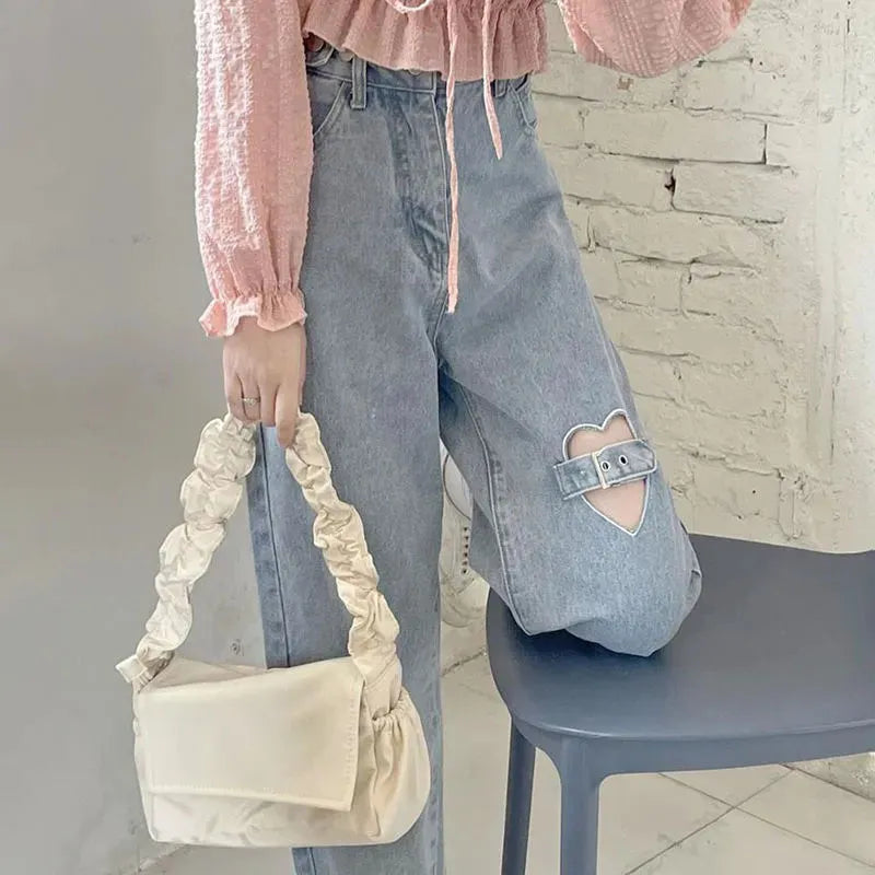 Biyaby Heart Ripped Jeans Women Korean Style High Waist Light Blue Straight Pants Woman 2023 Trendy Student Wide Leg Denim Pants