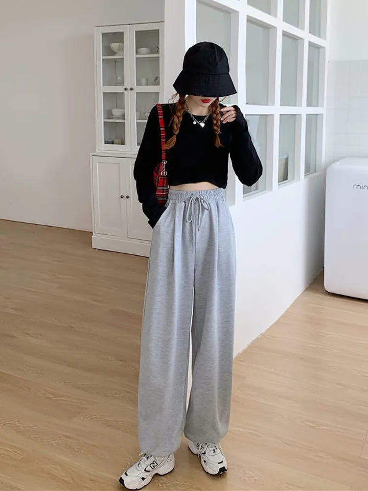 HOUZHOU Gray Sweatpants for Women 2022 Autumn New Baggy Fashion Oversize Sports Pants Balck Trousers Female Joggers Streetwear