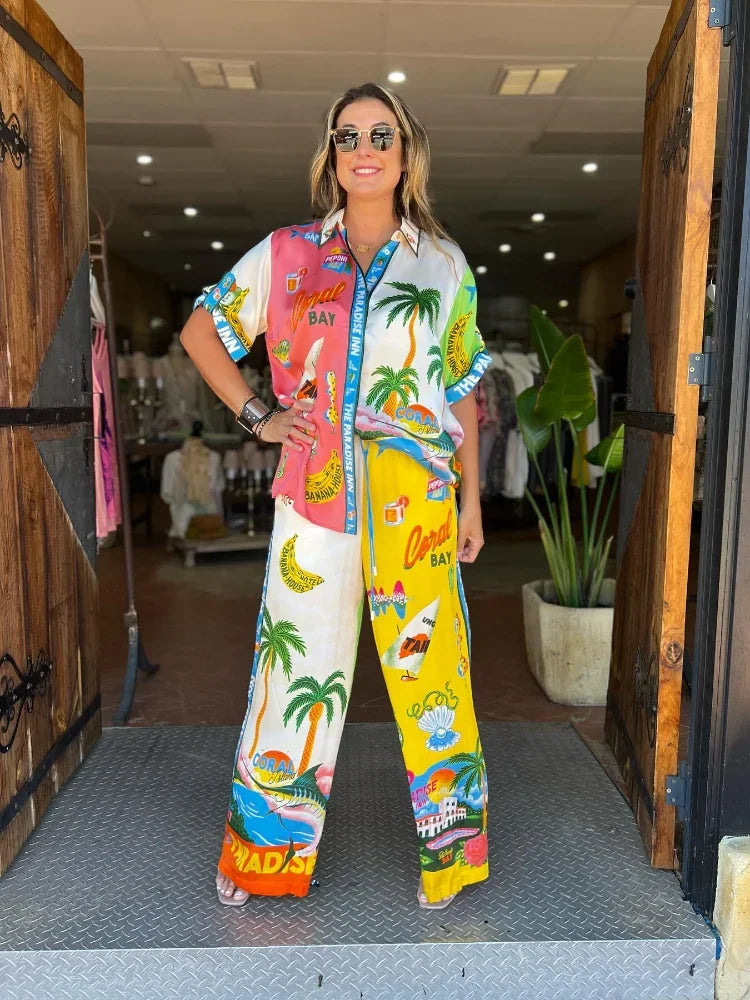 Casual Tropical Style Printed Pants Suit Women Short Sleeve Shirts Loose Wide Leg Trousers Set Female Holiday Summer Beachwear