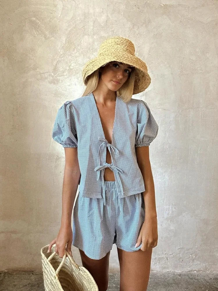 Summer Blue Plaid Printed Shorts Suit Women Chic V Neck Lace Up Puff Sleeves Cropped Tops Elastic Waist Short  Female Casual Set