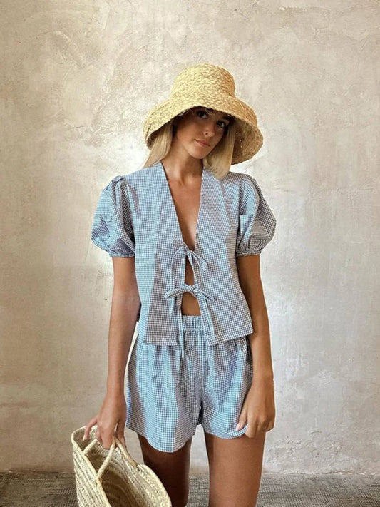 Summer Blue Plaid Printed Shorts Suit Women Chic V Neck Lace Up Puff Sleeves Cropped Tops Elastic Waist Short  Female Casual Set