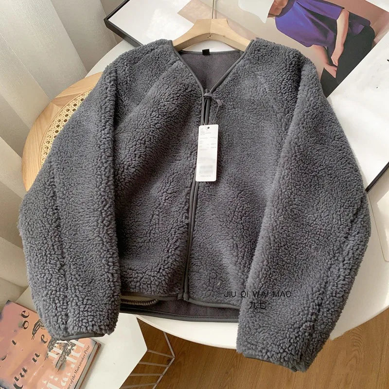 warmmeta Lamb Fur Women Coats Autumn Winter Solid Thick Warm V-Neck Long-Sleeved Casual All Match Female Outwear Jackets